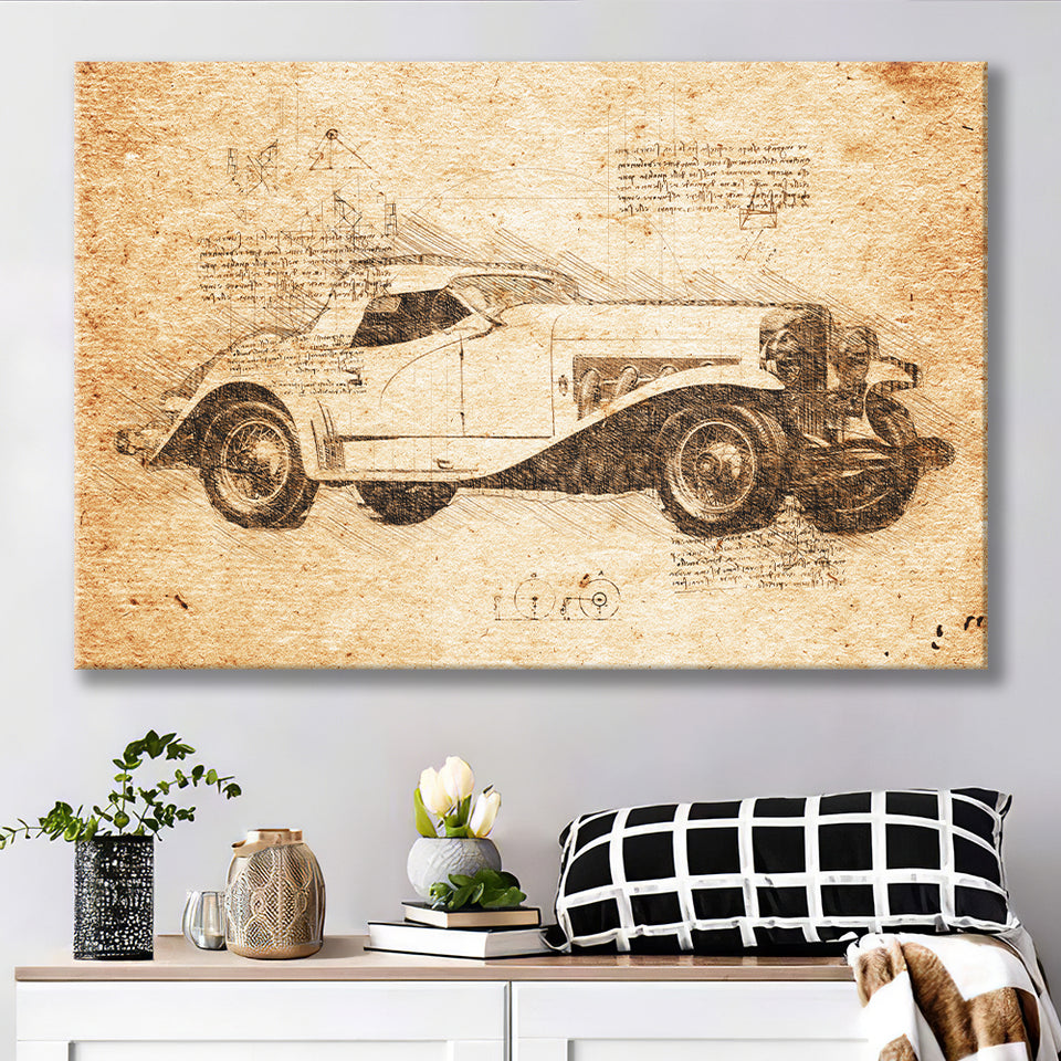 Dusesenberg SSJ 1935 Da Vinci Style Canvas Prints - Painting Canvas, Wall Art,Old Car, Prints for Sale,Wal Decor, Home Decor