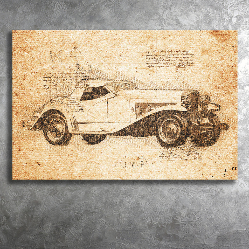Dusesenberg SSJ 1935 Da Vinci Style Canvas Prints - Painting Canvas, Wall Art,Old Car, Prints for Sale,Wal Decor, Home Decor