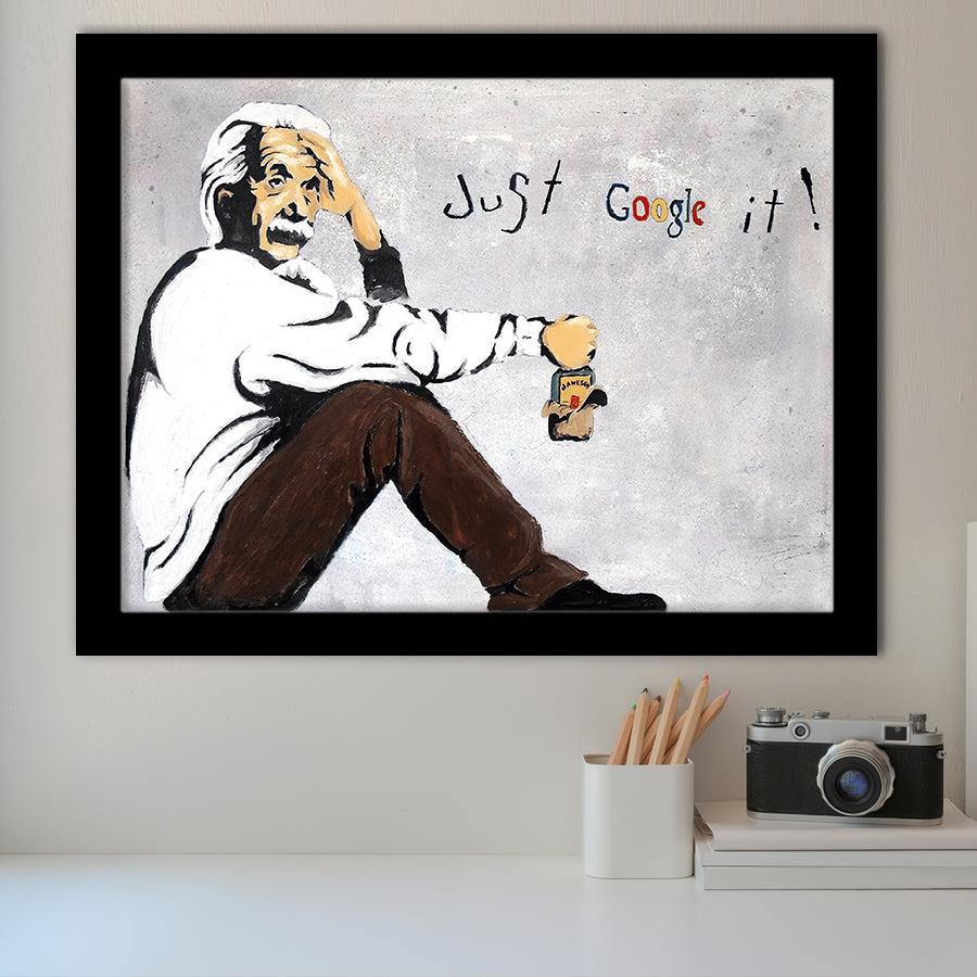 Einstein Just Google It Funny Art Framed Art Print Wall Decor - Painting Art, Wall Art Decor, Framed Picture, Black Frame