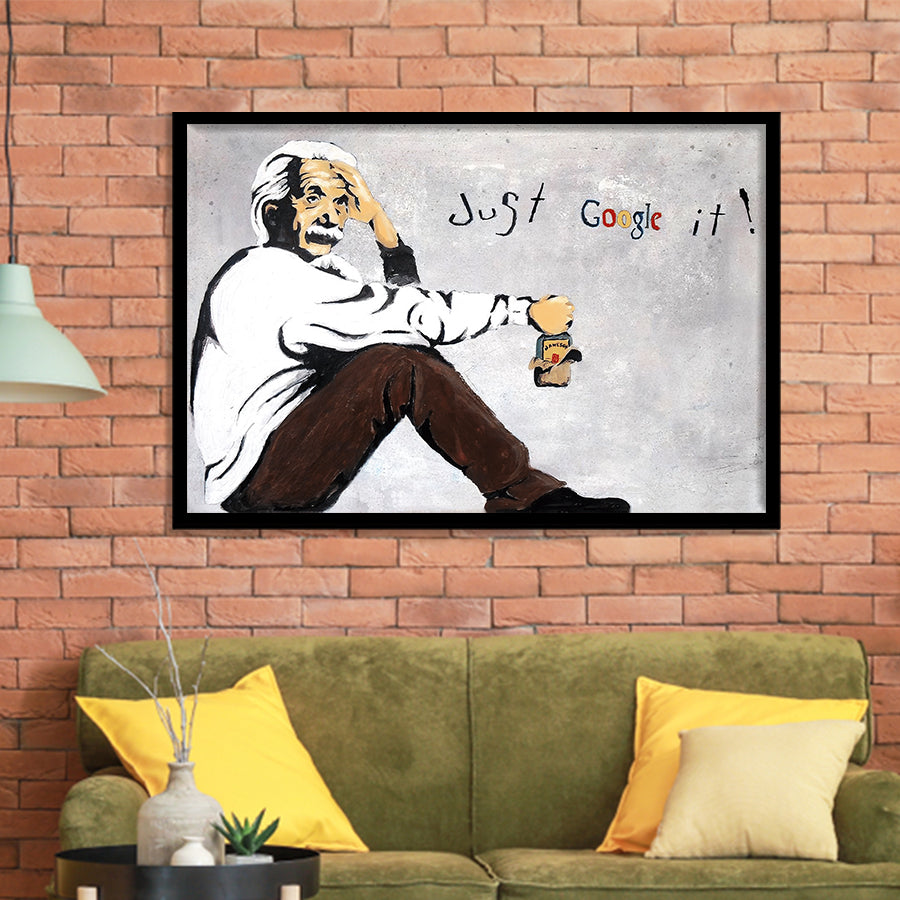 Einstein Just Google It Funny Art Framed Art Print Wall Decor - Painting Art, Wall Art Decor, Framed Picture, Black Frame