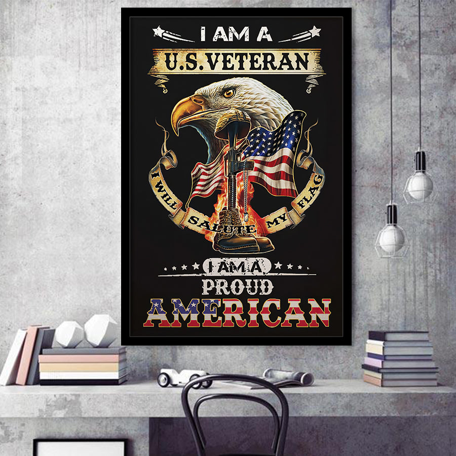 Eagle American Flag Framed Canvas I Am A Us Veteran I Am A Proud American Framed Framed Art Prints Wall Decor - Painting Prints, Veteran Gift