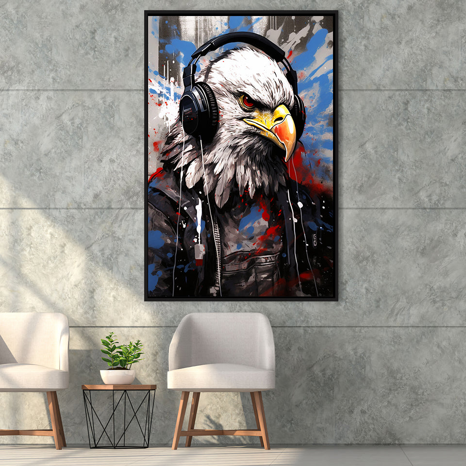 Eagle Wearing Headphone, Gaming Art, Gift For Kids,Framed Canvas Prints,Floating Frame, Wall Art Home Decor