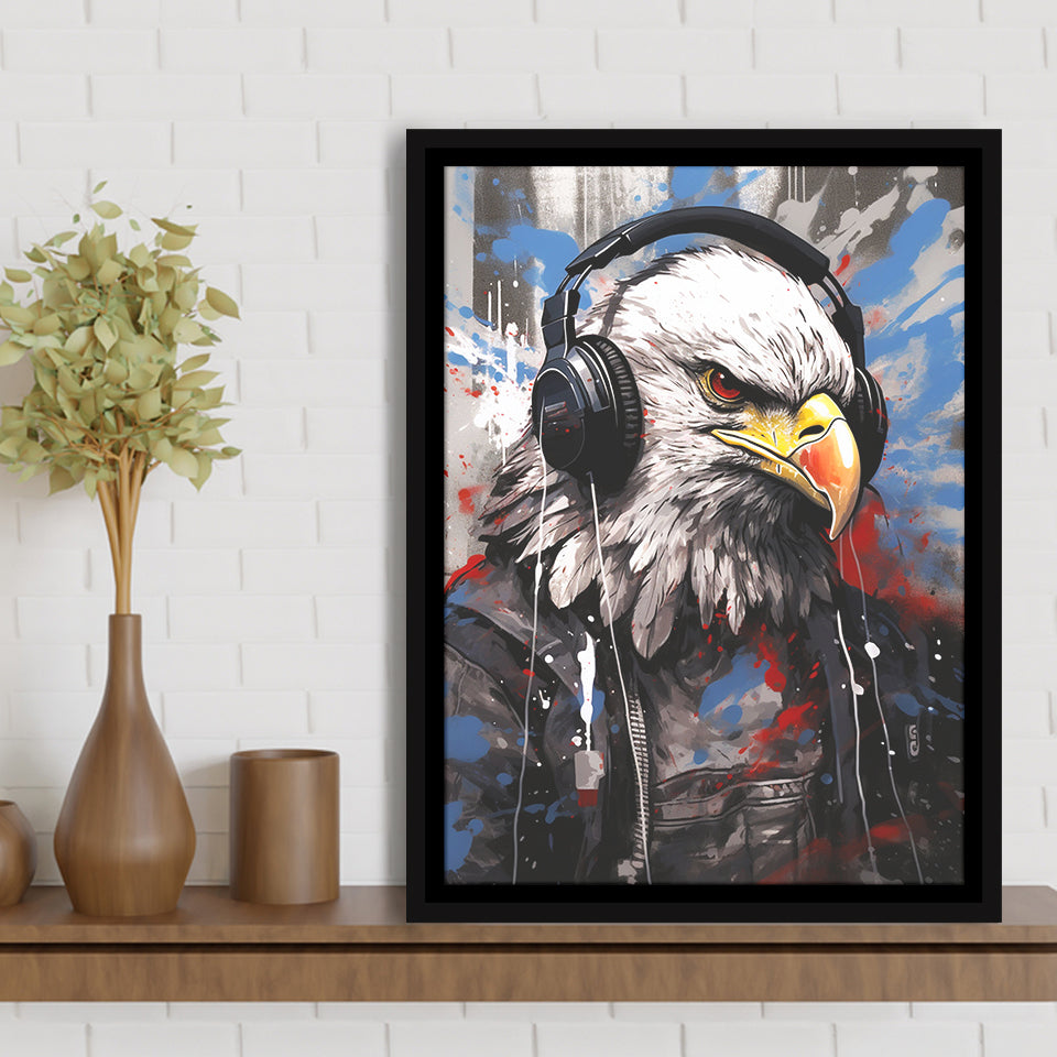 Eagle Wearing Headphone, Gaming Art, Gift For Kids,Framed Canvas Prints,Floating Frame, Wall Art Home Decor