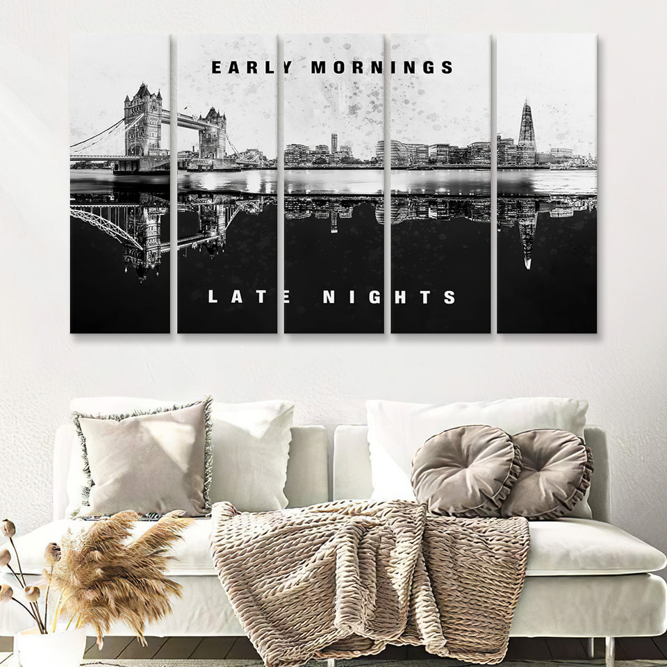 Early Mornings Late Nights London Skyline Inspirational Motivation Art 5 Pieces B Canvas Prints Wall Art - Painting Canvas,Multi Panel