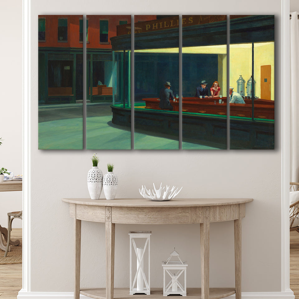 Edward Hopper Nighthawks , Famous Painting, 5 Panel B Canvas Prints Wall Art, Extra Large Canvas Decor