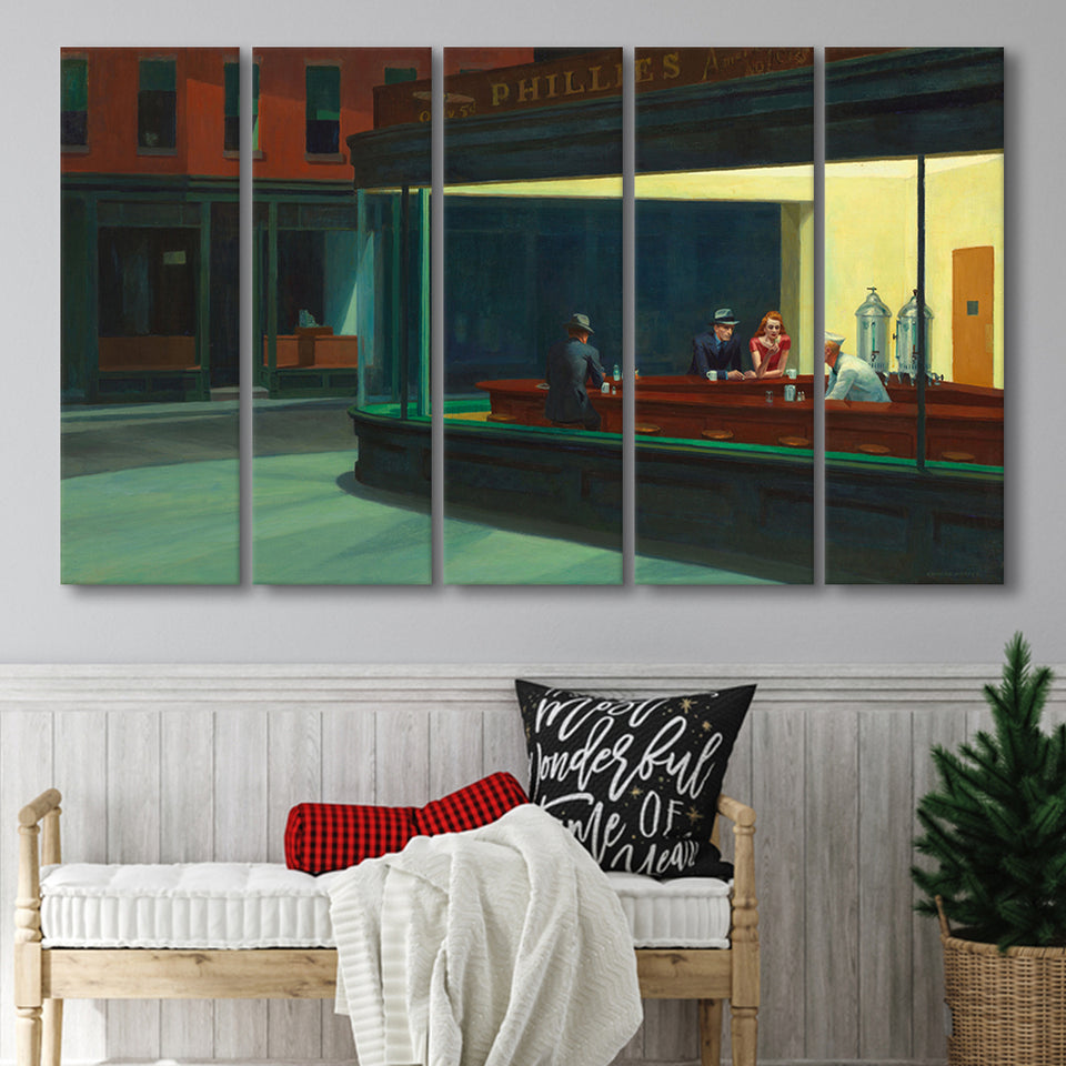 Edward Hopper Nighthawks , Famous Painting, 5 Panel B Canvas Prints Wall Art, Extra Large Canvas Decor