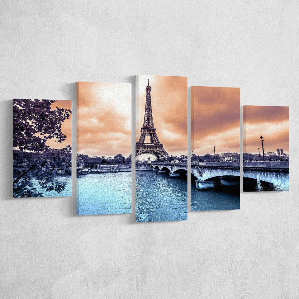 Eiffel Tower Art 5 Piece Canvas Prints Wall Art Decor, Multi Panels, Mixed Canvas