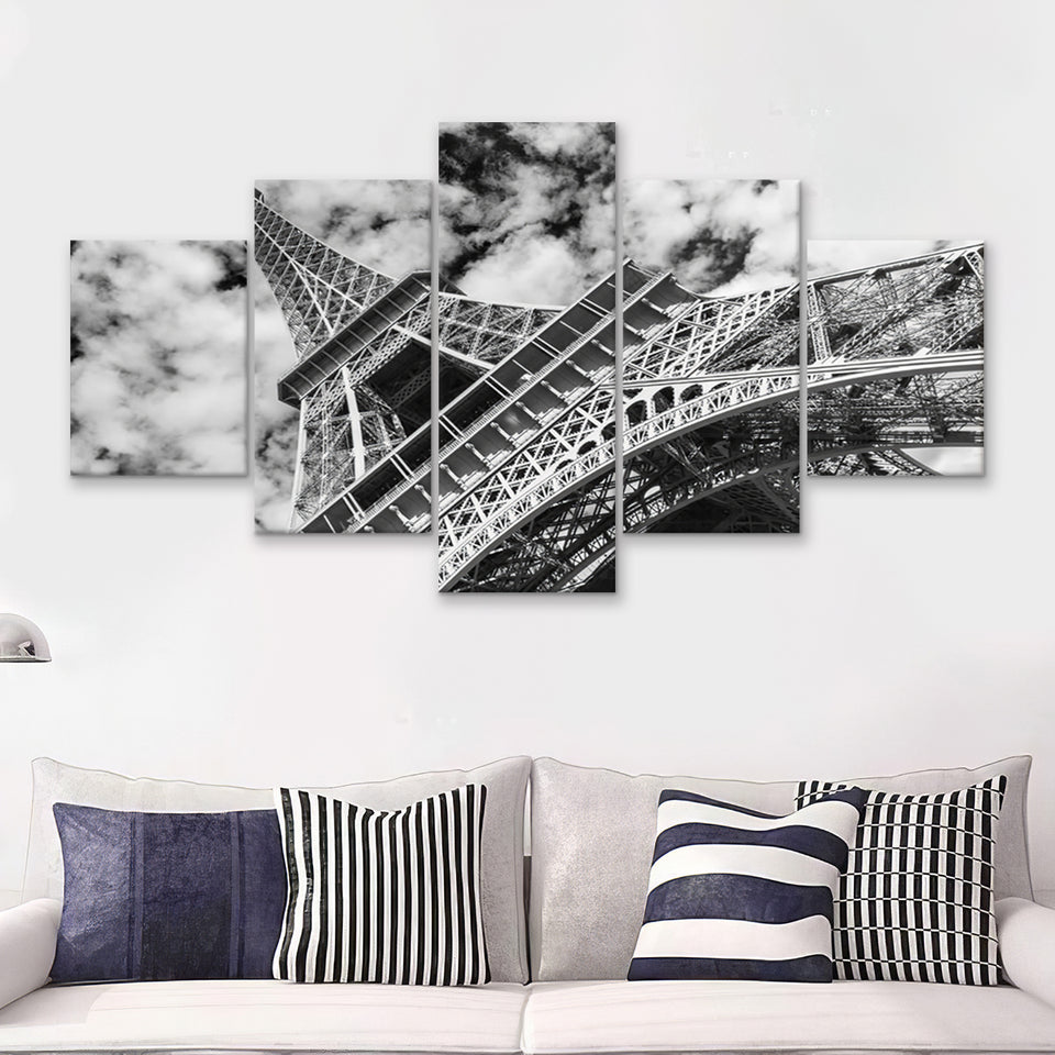 Eiffel Tower Paris Black And White 5 Pieces Canvas Prints Wall Art - Painting Canvas, Multi Panels, Wall Decor
