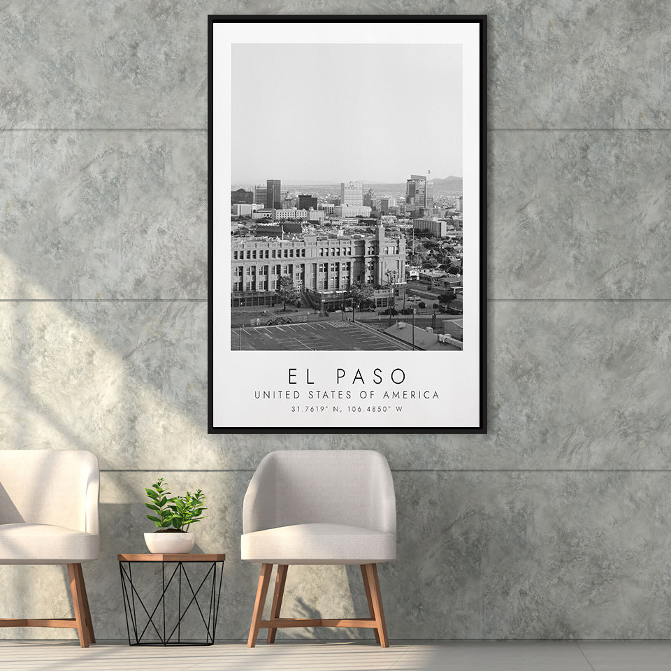 El Paso Usa Black And White Art Framed Canvas Prints Wall Art Home Decor, Floating Frame