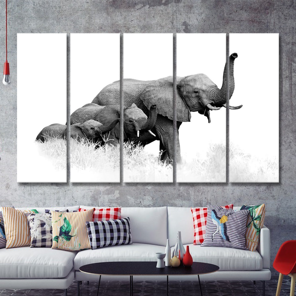 Elephant Family 2 5 Piece B Canvas Prints Wall Art Decor - Painting Canvas, Multi Panels