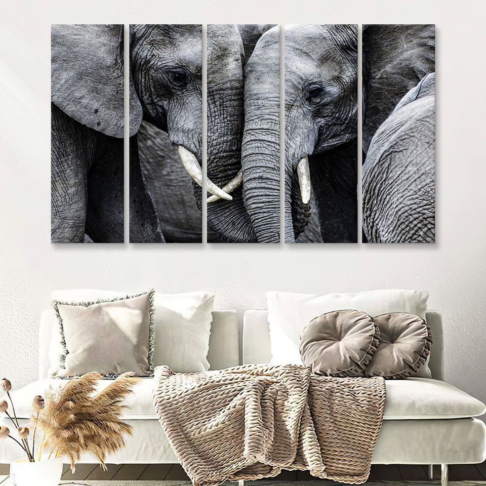 Elephant Family Black and White 5 Piece B Canvas Prints Wall Art Decor - Painting Canvas, Multi Panels