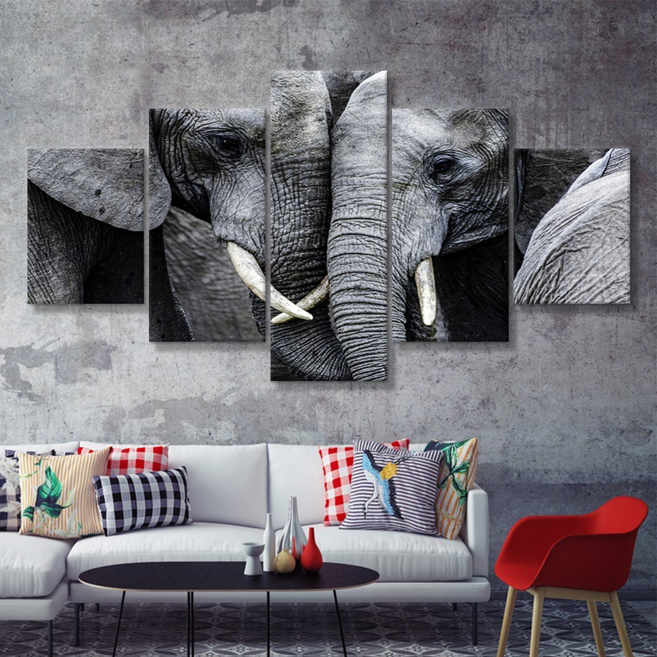Elephant Family Black and White 5 Piece Canvas Prints Wall Art Decor - Painting Canvas, Multi Panels