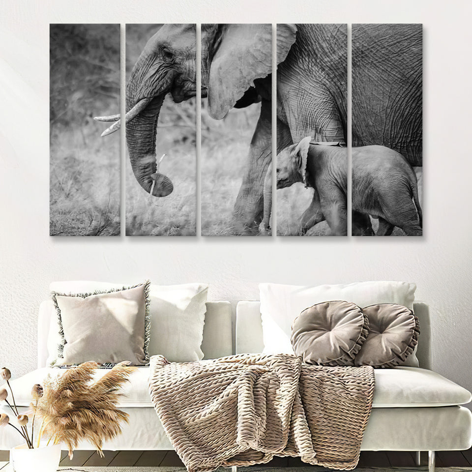 Elephant Family 5 Piece B Canvas Prints Wall Art Decor - Painting Canvas, Multi Panels