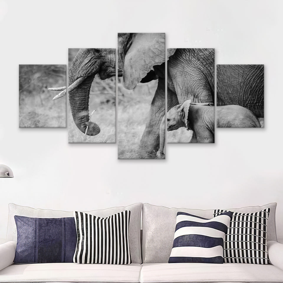 Elephant Family 5 Piece Canvas Prints Wall Art Decor - Painting Canvas, Multi Panels