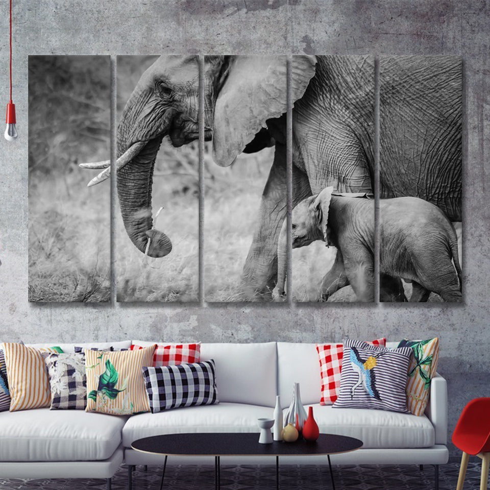Elephant Family 5 Piece B Canvas Prints Wall Art Decor - Painting Canvas, Multi Panels