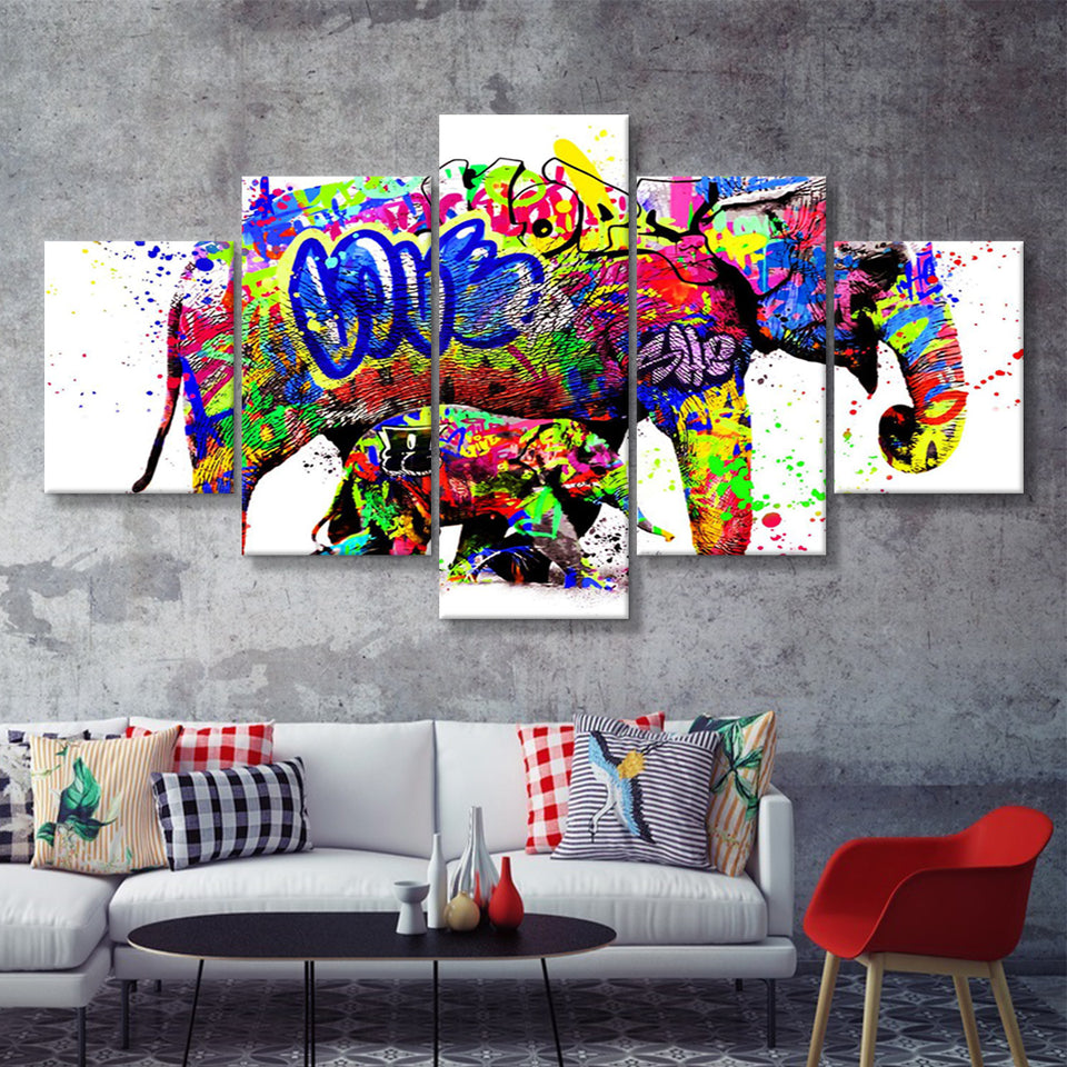 Elephant Mom And Baby Colors To Life Canvas 5 Pieces Prints Wall Art Decor - Painting Canvas, Multi Panels, Canvas Print