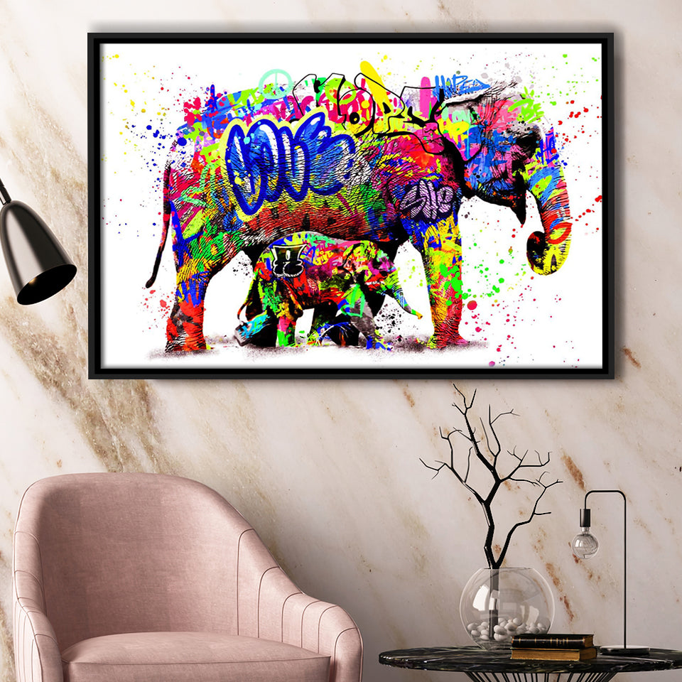 Elephant Mom And Baby Colors To Life Framed Canvas Prints Wall Art Decor - Painting Canvas, Floating Frame, Framed Picture