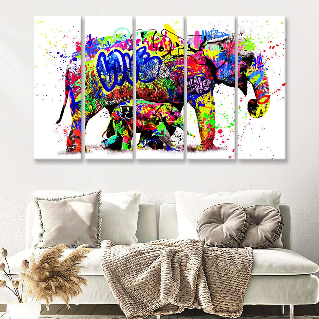Elephant Mom And Baby Colors To Life Canvas 5 Piece B Prints Wall Art Decor - Painting Canvas, Multi Panels, Canvas Prints