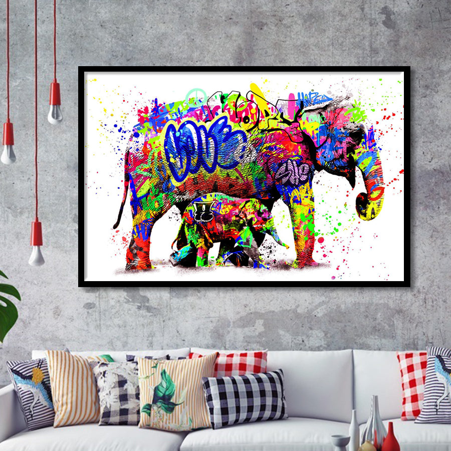 Elephant Mom And Baby Colors To Life Framed Art Print Wall Decor - Painting Art, Wall Art Decor, Framed Picture, Black Frame
