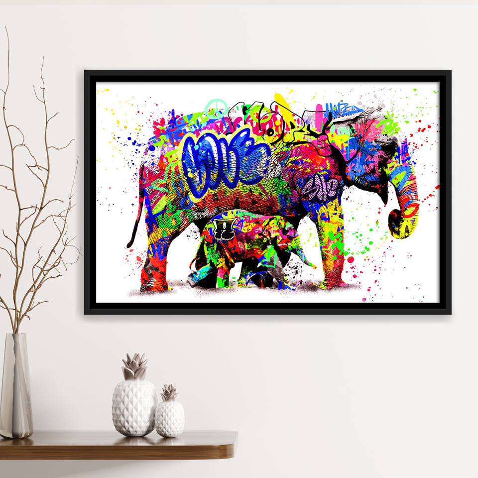 Elephant Mom And Baby Colors To Life Framed Canvas Prints Wall Art Decor - Painting Canvas, Floating Frame, Framed Picture
