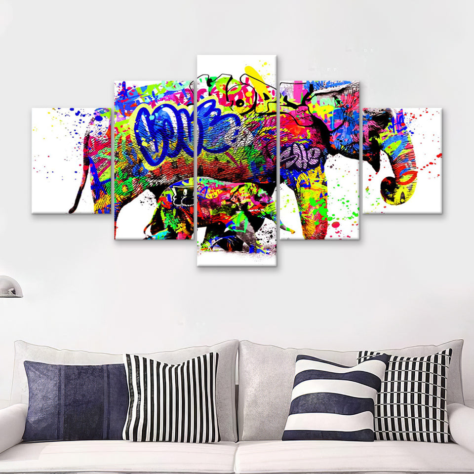 Elephant Mom And Baby Colors To Life Canvas 5 Pieces Prints Wall Art Decor - Painting Canvas, Multi Panels, Canvas Print