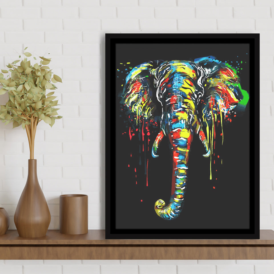 Elephant Water Colors Black Background Framed Canvas Prints Wall Art Decor - Painting Canvas, Floating Frame, Framed Picture