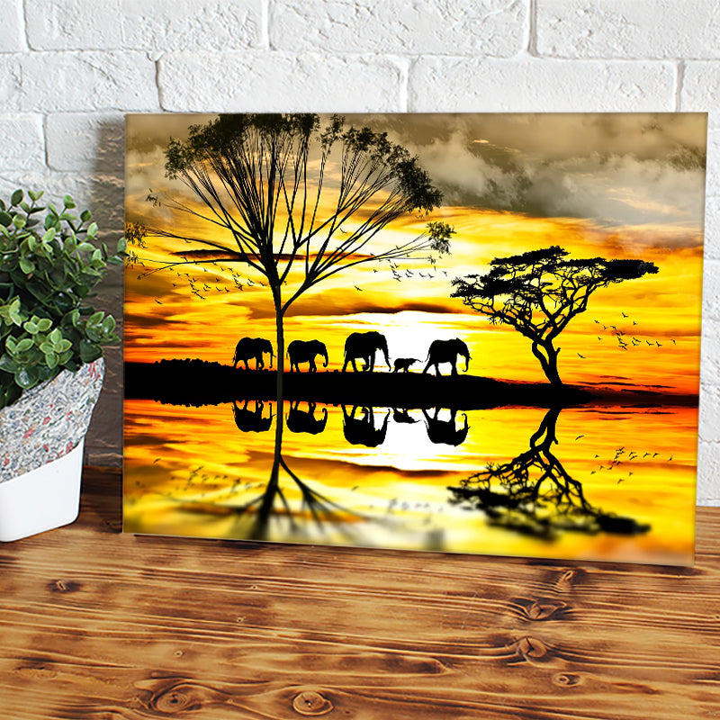 Elephants Walking Near Lake Paint Canvas Wall Art - Canvas Prints, Prints for Sale, Canvas Painting, Home Decor