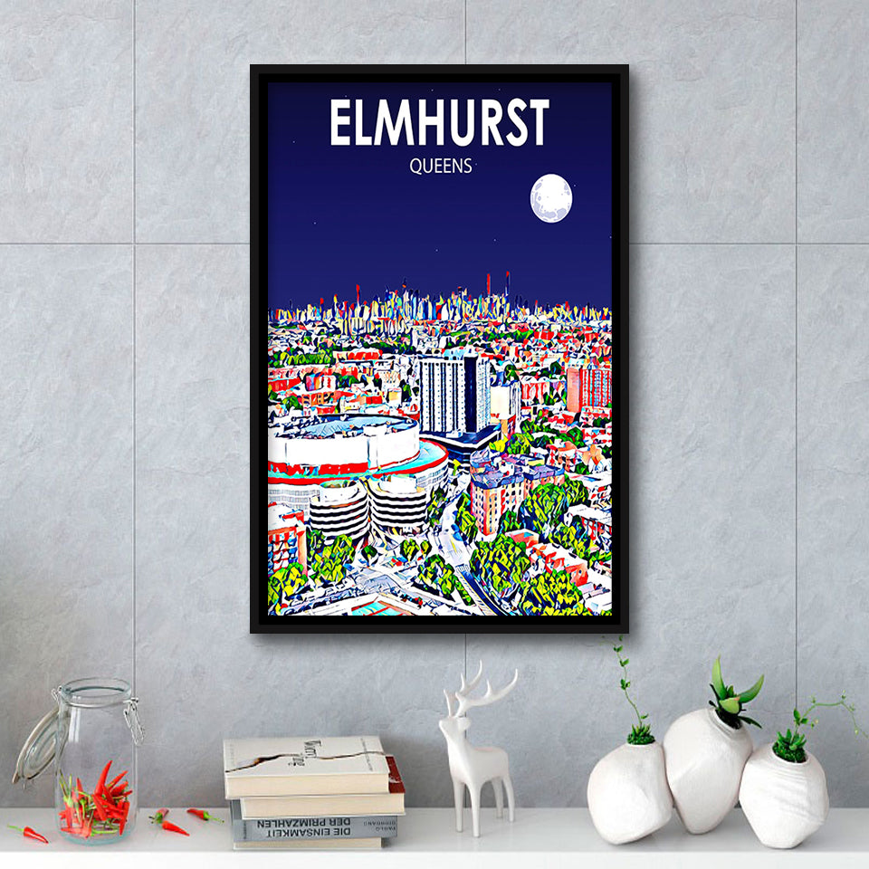 Elmhurst Queens Art Night Landscape, Large Canvas, Framed Canvas Print Wall Art Home Decor, Floating Frame