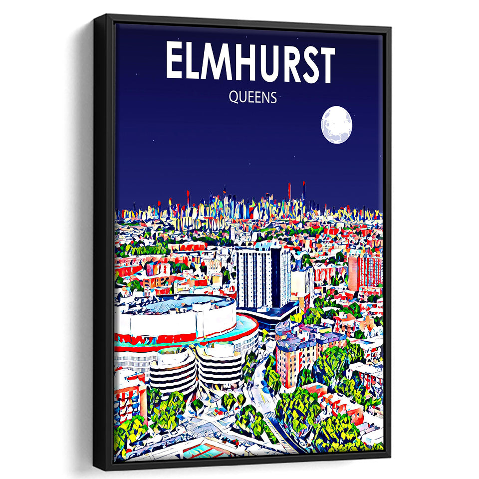 Elmhurst Queens Art Night Landscape, Large Canvas, Framed Canvas Print Wall Art Home Decor, Floating Frame