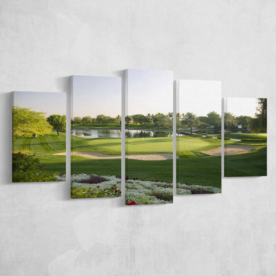 Emirates Gc (Majlis) Golf Courses At Dubai, United Arab Emirates, Golf Art Print, 5 Panels Canvas Prints Wall Art Decor