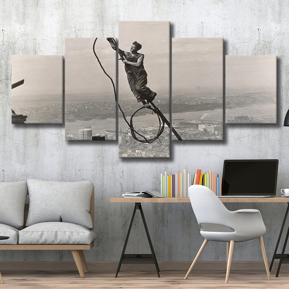 Empire State Building Black And White Print, Steel Worker Vintage 5 Panels, Canvas Prints Wall Art Decor, Large Canvas Art