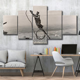 Empire State Building Black And White Print, Steel Worker Vintage 5 Panels, Canvas Prints Wall Art Decor, Large Canvas Art
