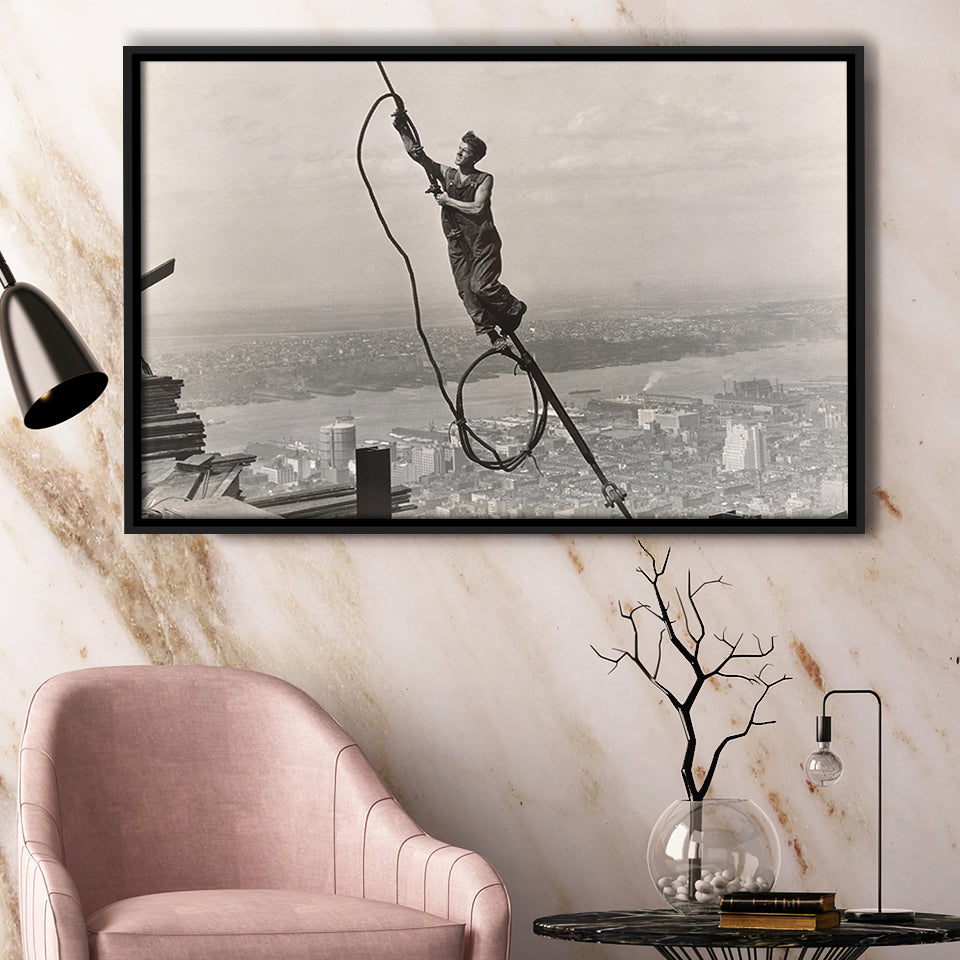 Empire State Building Black And White Print, Steel Worker Vintage Framed Canvas Prints Wall Art Home Decor,Floating Frame