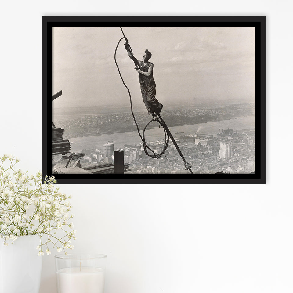 Empire State Building Black And White Print, Steel Worker Vintage Framed Canvas Prints Wall Art Home Decor,Floating Frame
