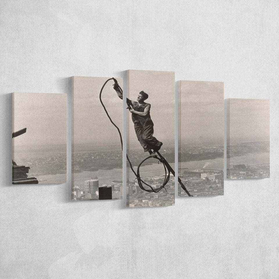 Empire State Building Black And White Print, Steel Worker Vintage 5 Panels, Canvas Prints Wall Art Decor, Large Canvas Art