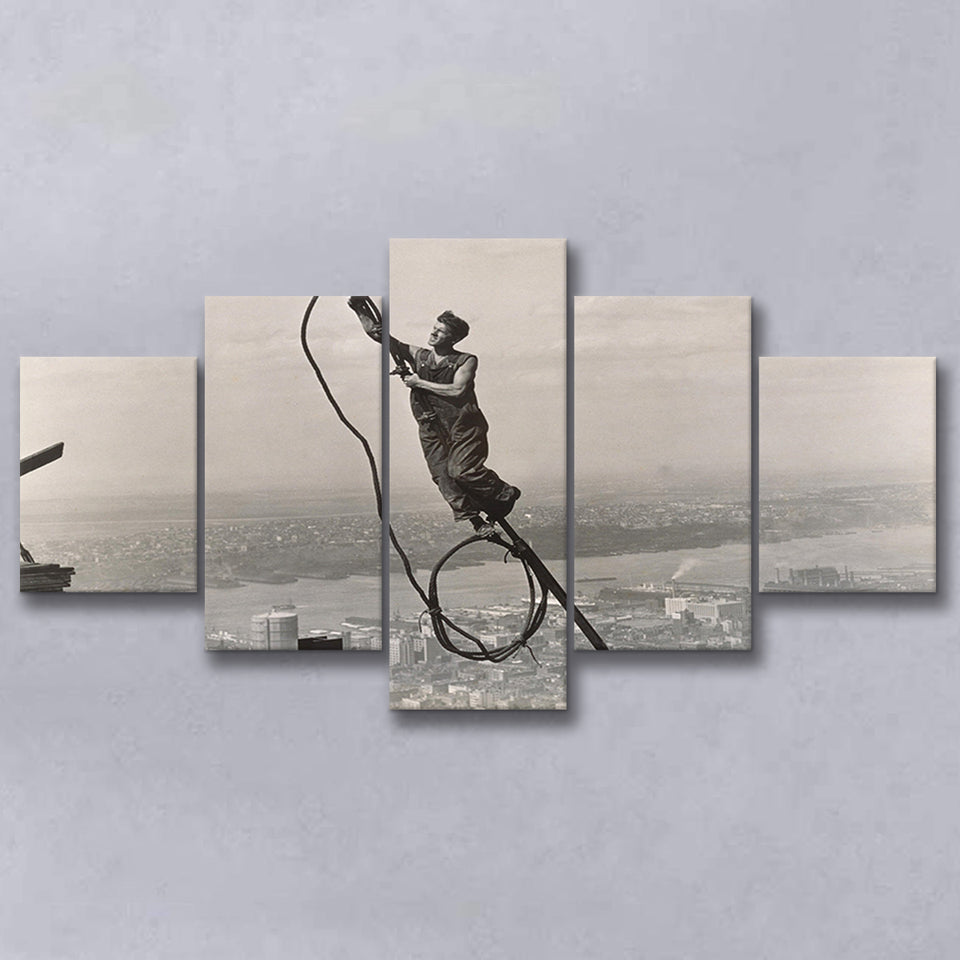Empire State Building Black And White Print, Steel Worker Vintage 5 Panels, Canvas Prints Wall Art Decor, Large Canvas Art