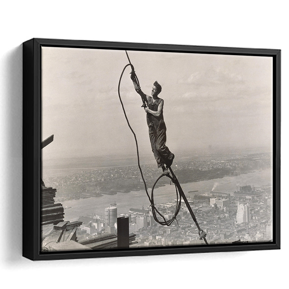Empire State Building Black And White Print, Steel Worker Vintage Framed Canvas Prints Wall Art Home Decor,Floating Frame