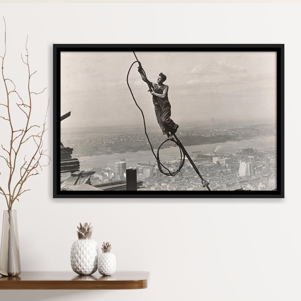 Empire State Building Black And White Print, Steel Worker Vintage Framed Canvas Prints Wall Art Home Decor,Floating Frame