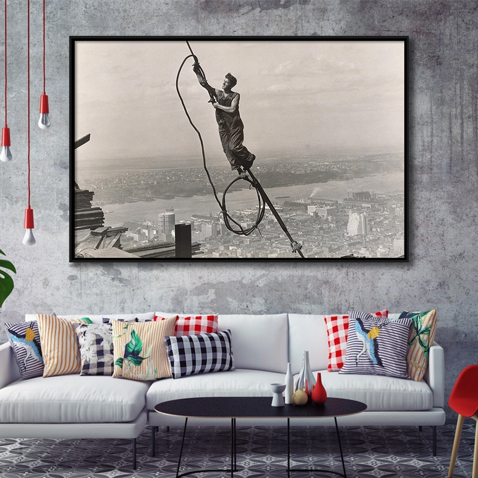 Empire State Building Black And White Print, Steel Worker Vintage Framed Canvas Prints Wall Art Home Decor,Floating Frame