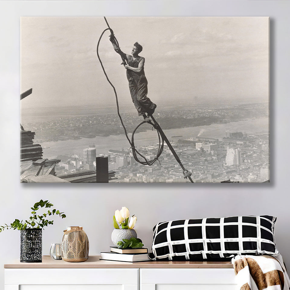 Empire State Building Black And White Print, Steel Worker Vintage Canvas Prints Wall Art Home Decor