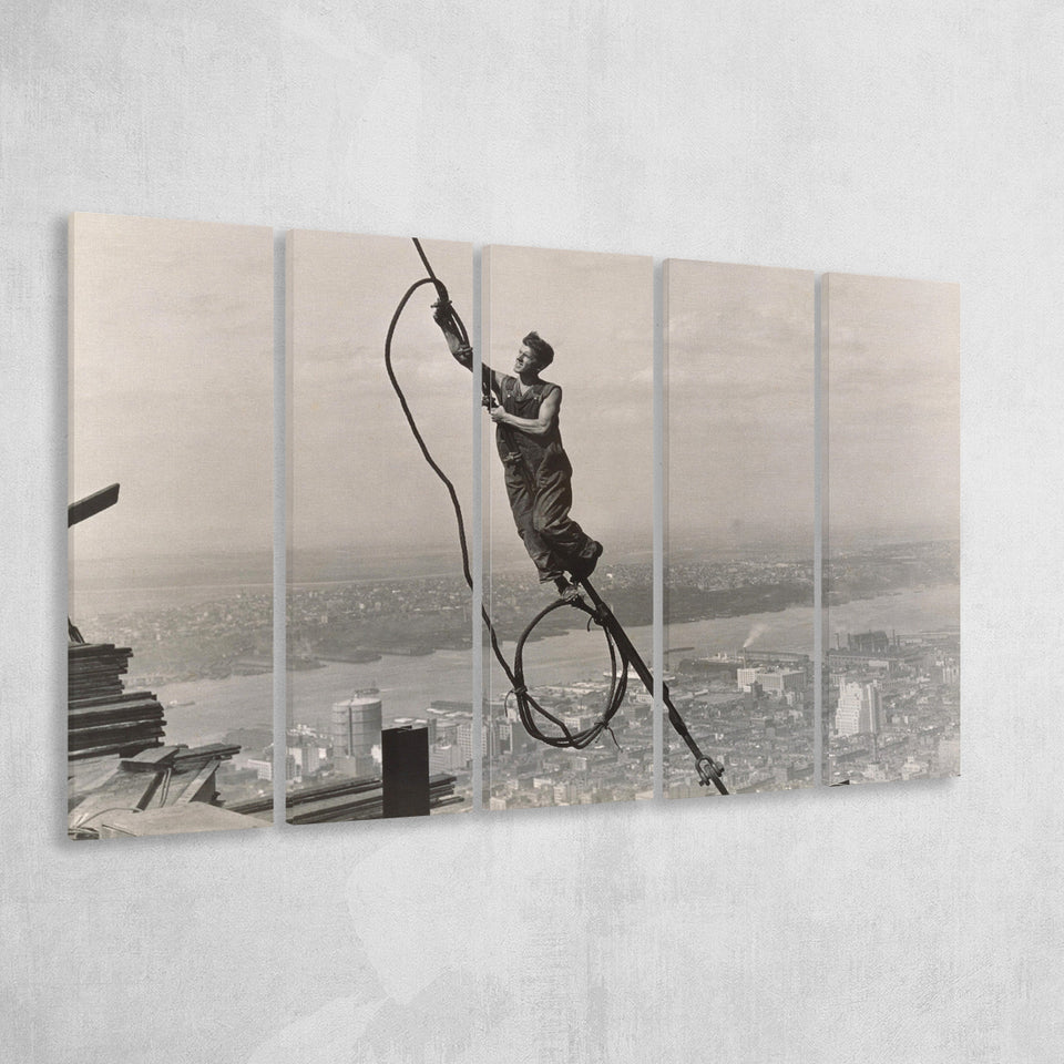 Empire State Building Black And White Print, Steel Worker Vintage Larger Canvas Art, 5 Piece Canvas Prints Wall Art Decor