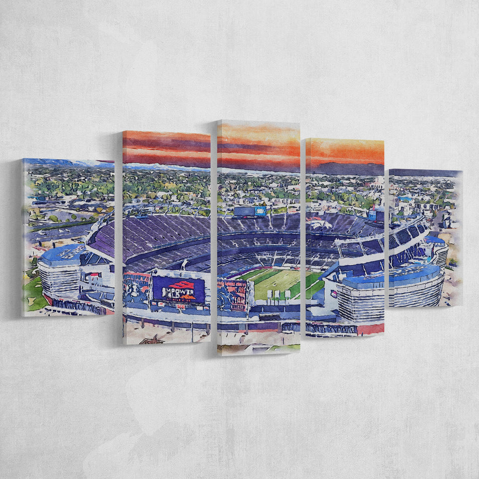 Empower Field Broncos Stadium Watercolor, 5 Pieces, Multi Panel Canvas Prints Wall Art Decor
