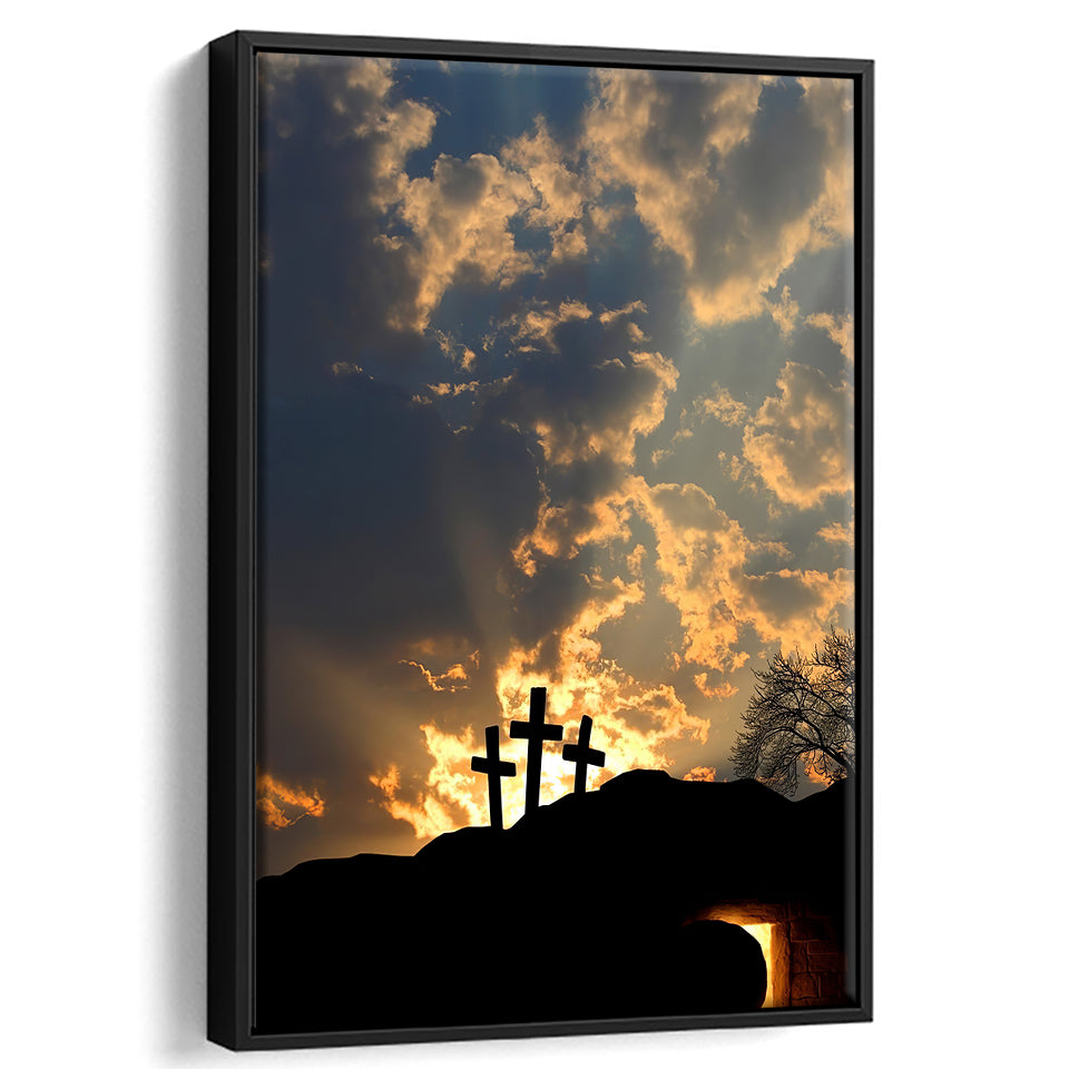 Empty Tomb And Three Crosses Framed Canvas Prints - Painting Canvas, Framed Art, Prints for Sale, Wall Art, Wall Decor