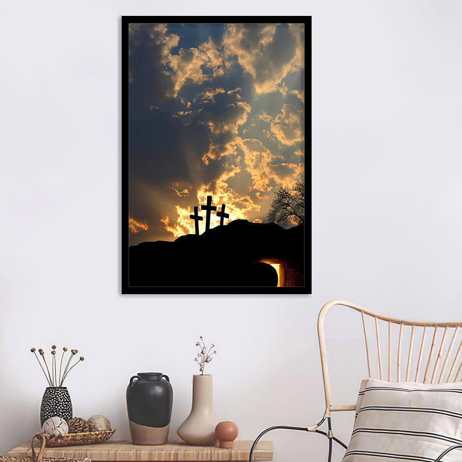 Empty Tomb And Three Crosses Framed Art Prints - Framed Painting, Painting Art, Prints for Sale, Wall Art, Wall Decor