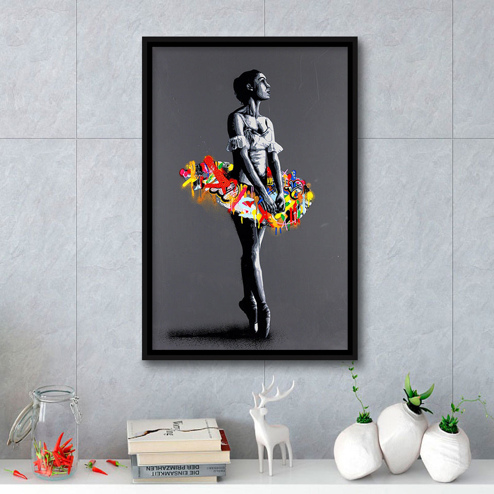 En Pointe Dancing Girl Street Art Graffiti, Framed Canvas Prints Wall Art Home Decor,Floating Frame, Ready to Hang