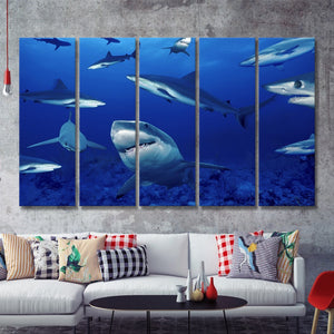 Enormous Shark In Deep Blue Water 5 Pieces B Canvas Prints Wall Art - Painting Canvas, Multi Panels,5 Panel, Wall Decor