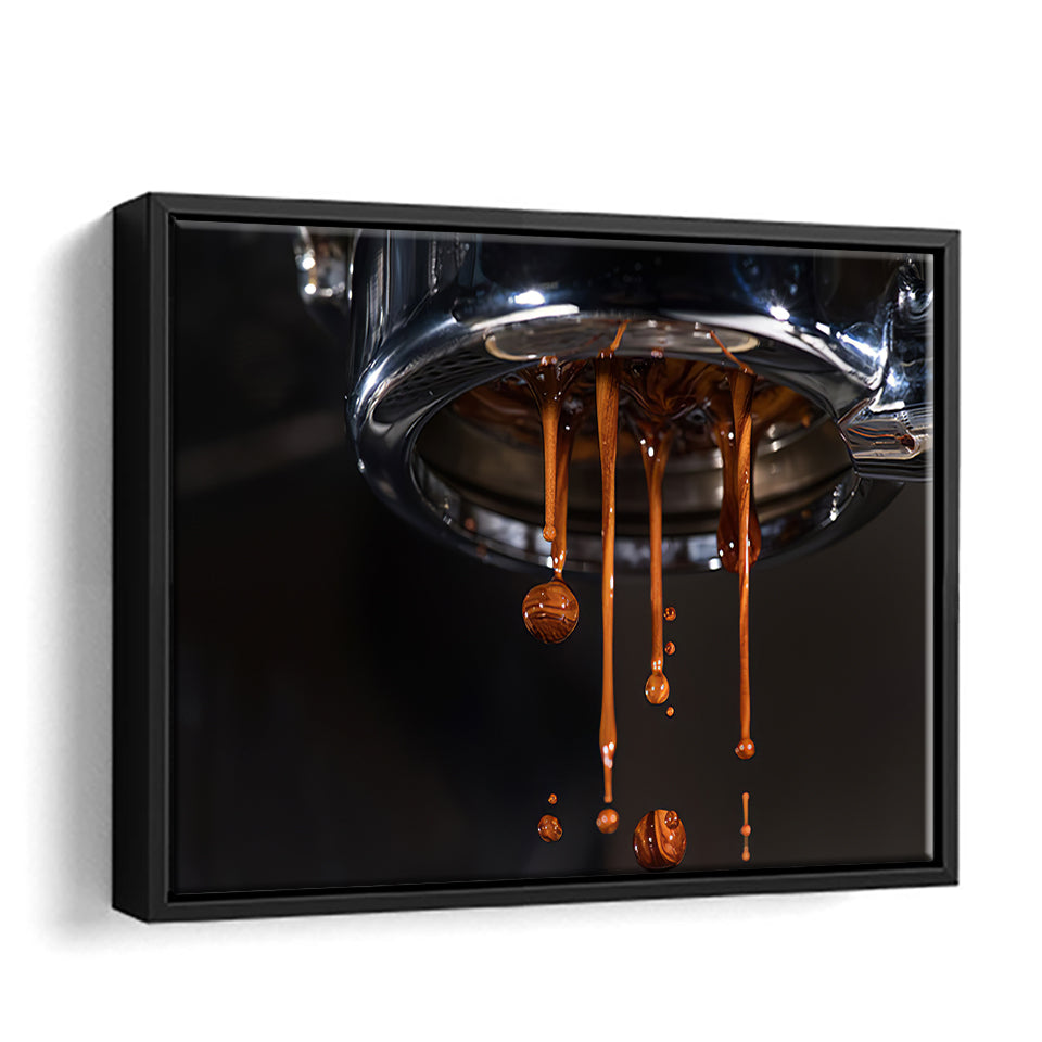 Espresso Coffee Coming Out Of Coffee Maker Framed Canvas Wall Art - Framed Prints, Canvas Prints, Prints for Sale, Canvas Painting