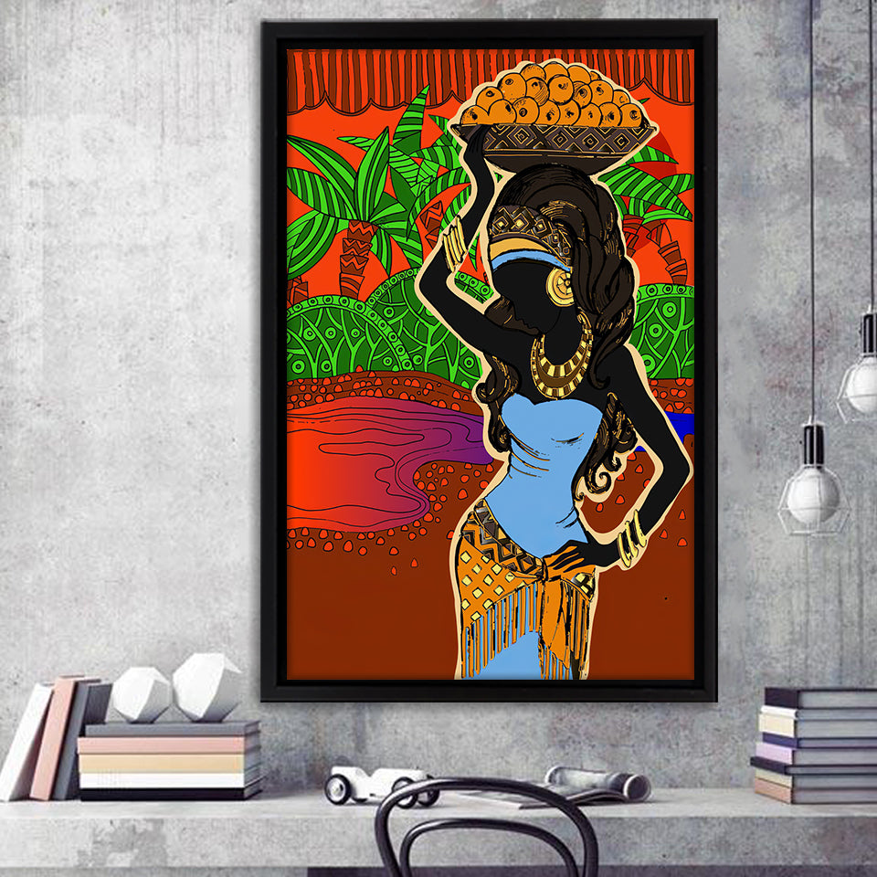 Ethnic Tradition Lady Fruit Framed Canvas Prints Wall Art - Painting Canvas,Wall Decor, Painting Prints, Floating Frame