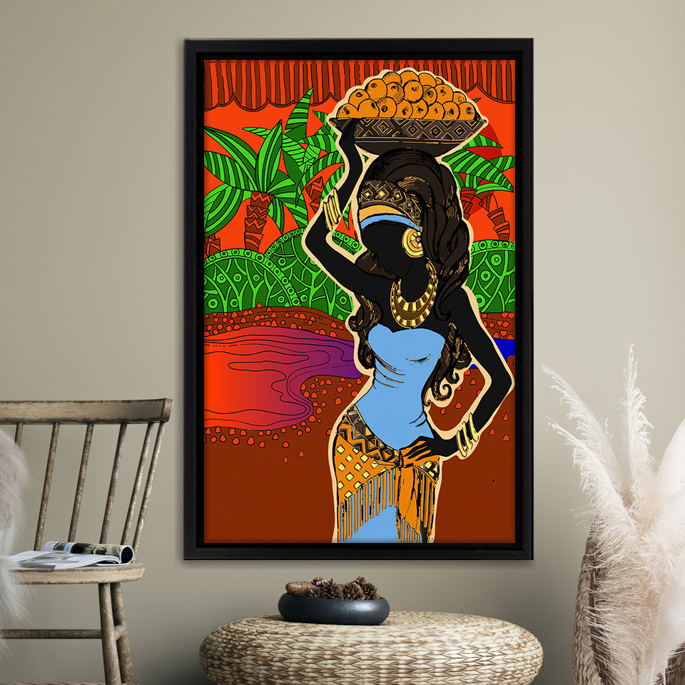 Ethnic Tradition Lady Fruit Framed Canvas Prints Wall Art - Painting Canvas,Wall Decor, Painting Prints, Floating Frame