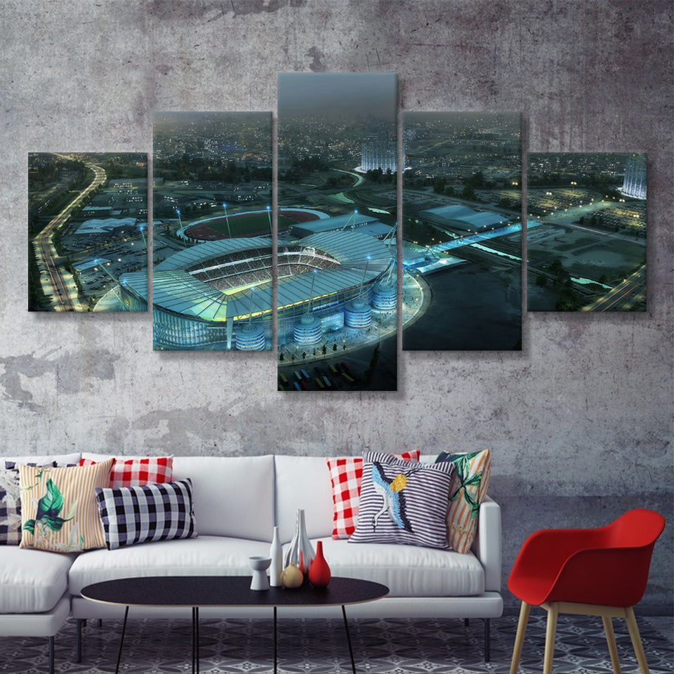 Etihad Stadium, Soccer, Aerial View, Football Stadium 5 Pieces Canvas Prints Wall Art - Painting Canvas, Multi Panel, Fan Gift